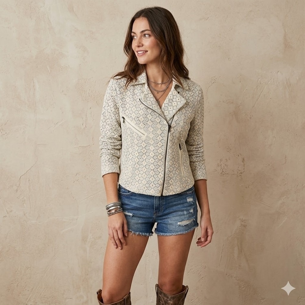 Dolan Moto Jacket Womens Medium Cream Blue Eyelet Lace Cotton Biker Zip - Picture 2 of 12